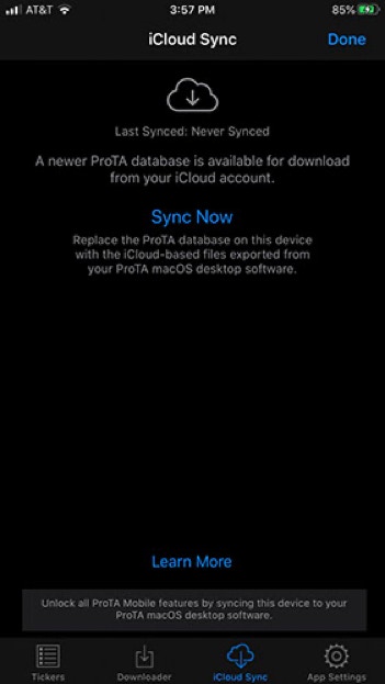 ProTA Mobile's iCloud Sync tab